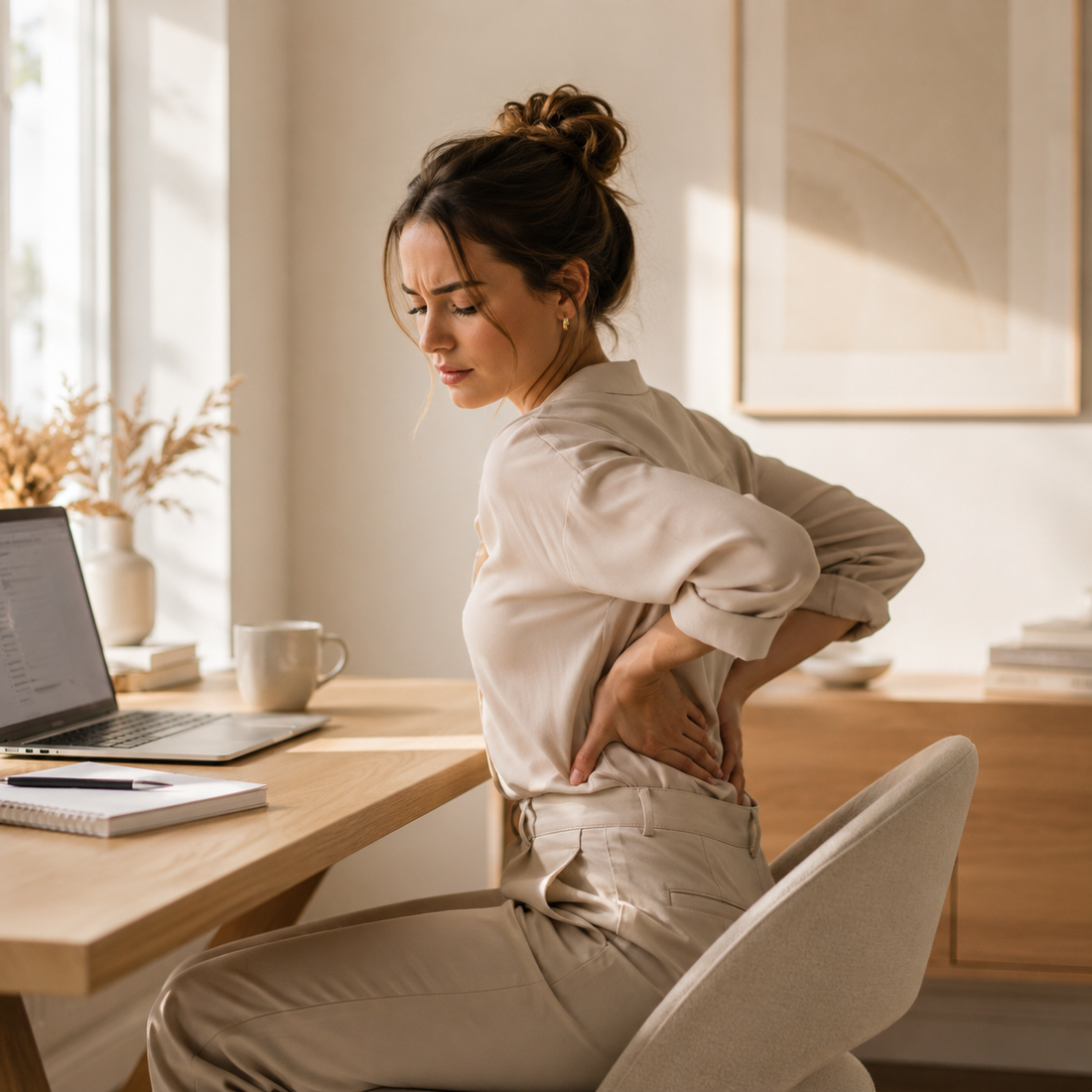 Side profile of a woman sitting at a desk pressing her lower back due to pain and stiffness from prolonged sitting