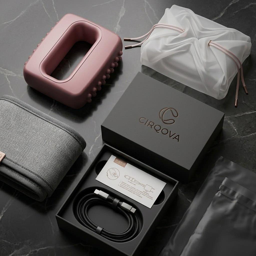 Pink hands-free massager with charging cable, storage pouch, and branded box on marble surface