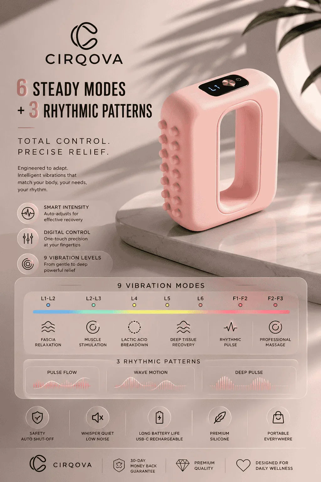 Pink hands-free massager with 6 steady modes and 3 rhythmic patterns for deep tension relief
