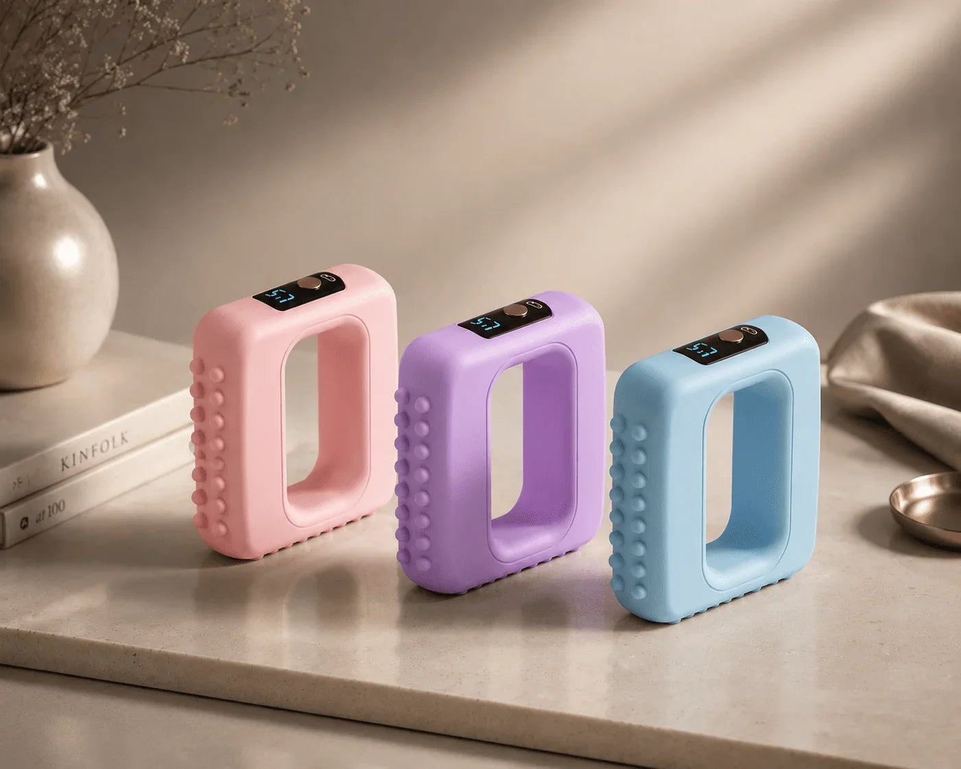 Three pastel handheld massagers with textured grips and digital displays on a countertop