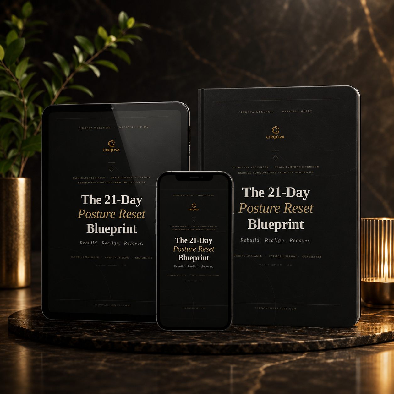 Digital devices displaying 'The 21-Day Posture Reset Blueprint' on a dark surface with decorative elements.