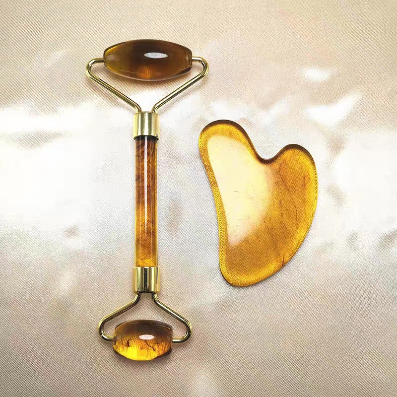In stock: Resin rose quartz massage roller, imitation jade beauty bar, facial massager, double-headed roller gua sha set.