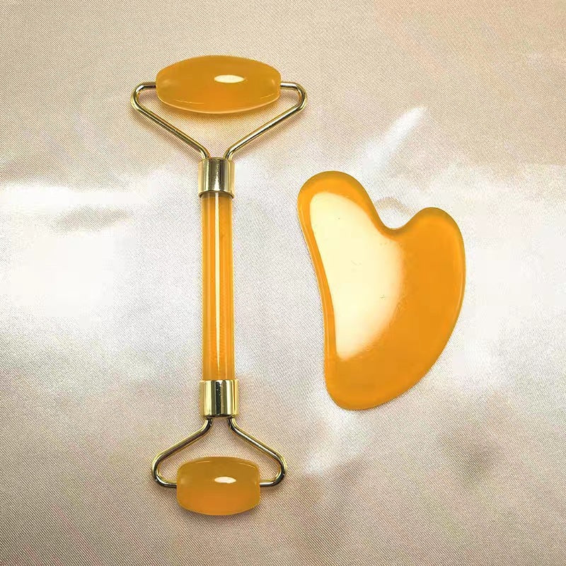 In stock: Resin rose quartz massage roller, imitation jade beauty bar, facial massager, double-headed roller gua sha set.