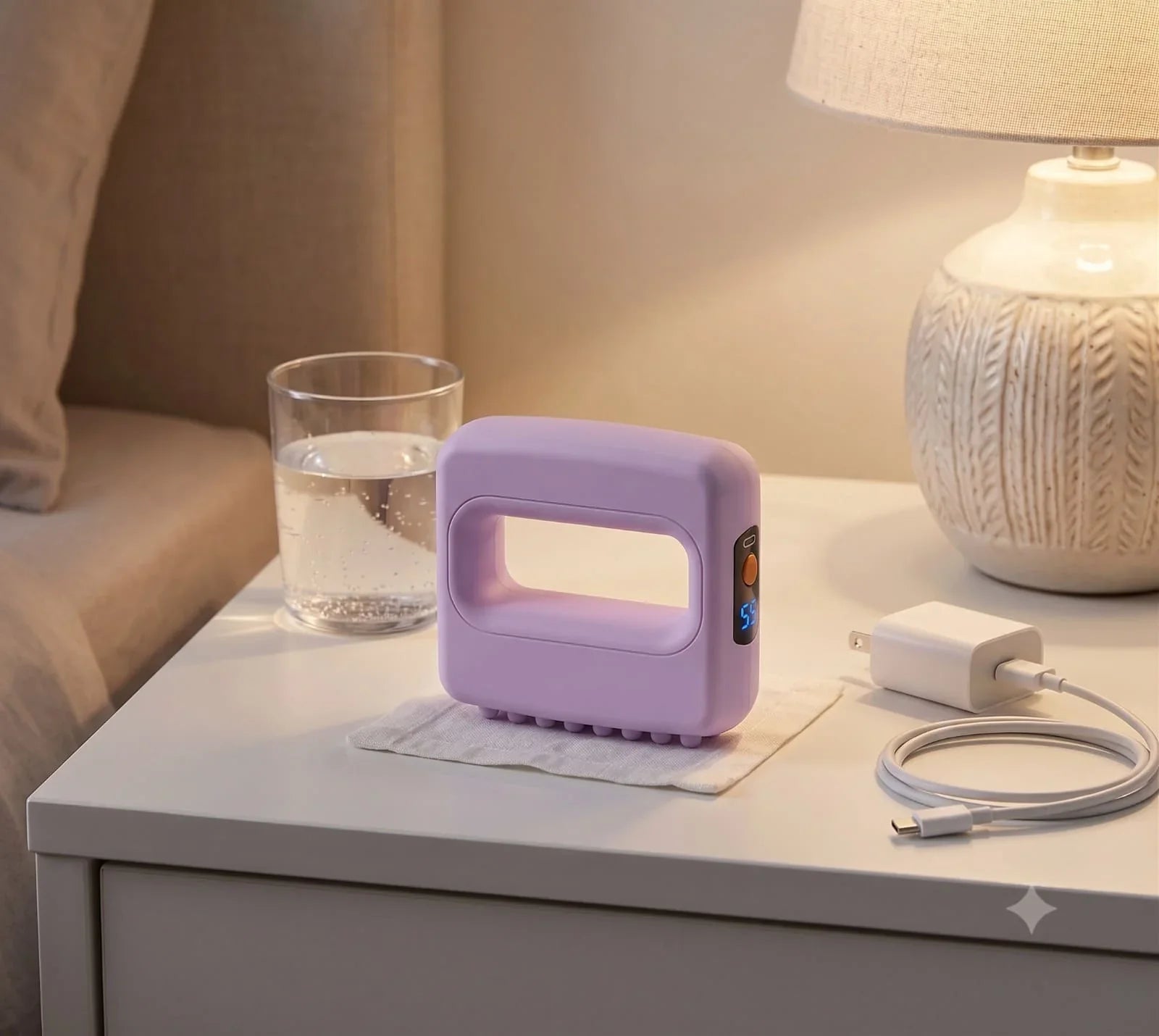 Purple handheld massager on nightstand with lamp and water glass