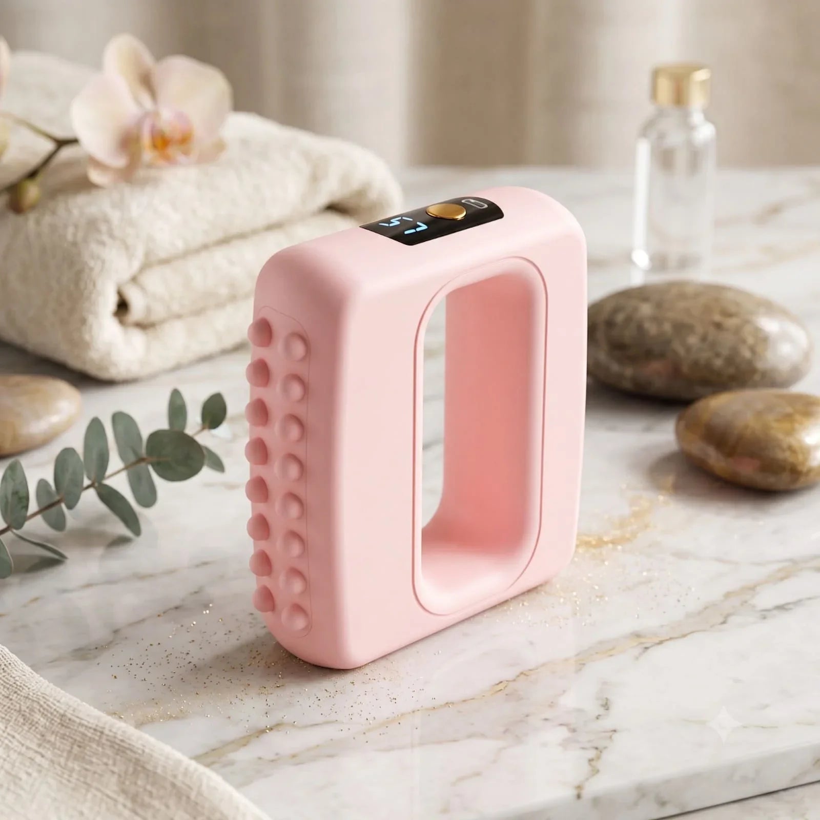 Pink handheld massager with textured grip on marble surface, ideal for tension relief